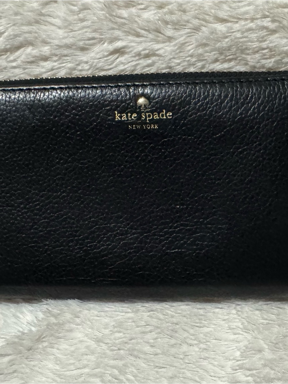 kate spade Black Pebbled Leather Zip Wallet with Gold Logo